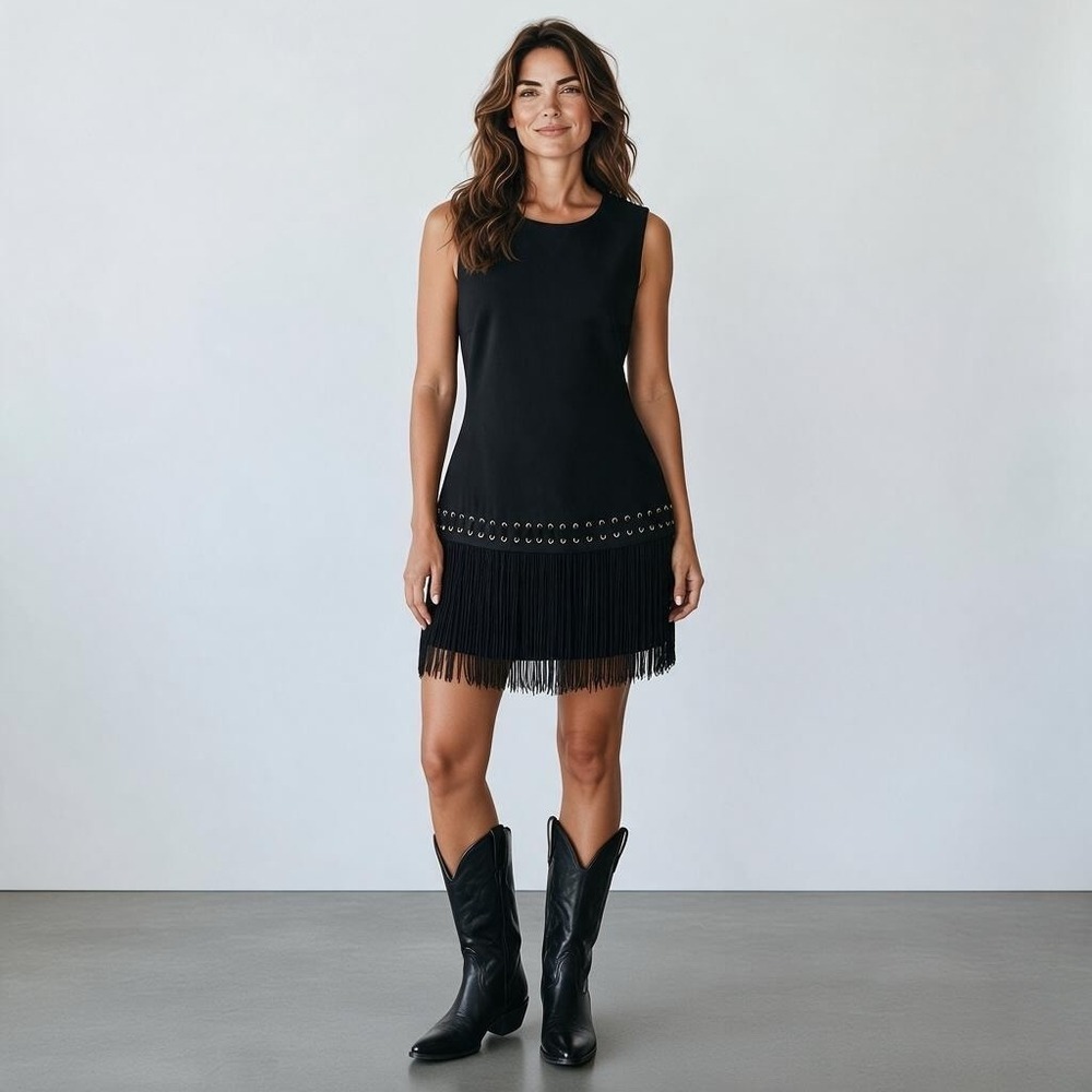 Elizabeth and James Eron Fringe Dress Womens 8 Black Grommet Western Shift